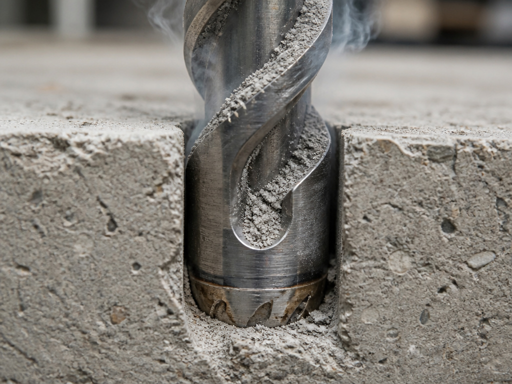 Close-up of a concrete drill bit's flute design removing abrasive dust.