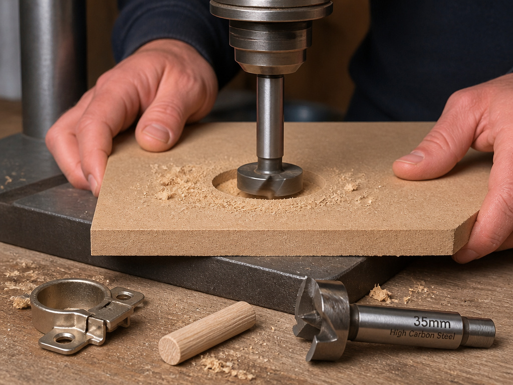 Close-up of a TCT Forstner bit drilling into MDF, comparing HCS and carbide.