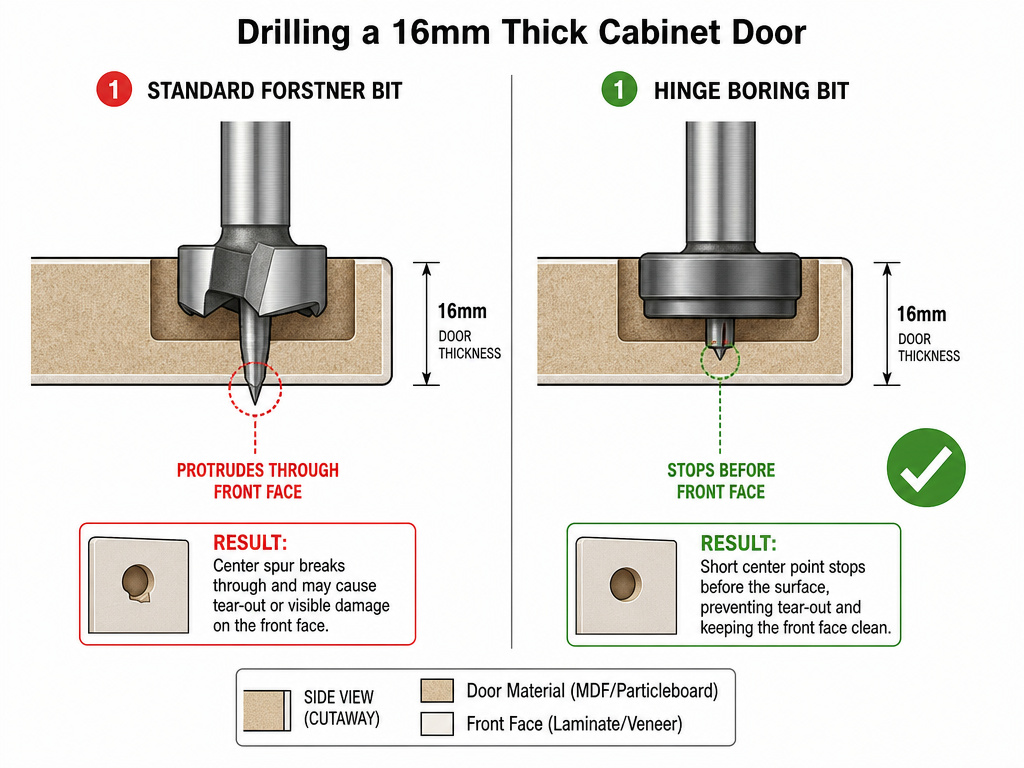 Diagram comparing Forstner bit and hinge boring bit drilling into thin cabinet doors.