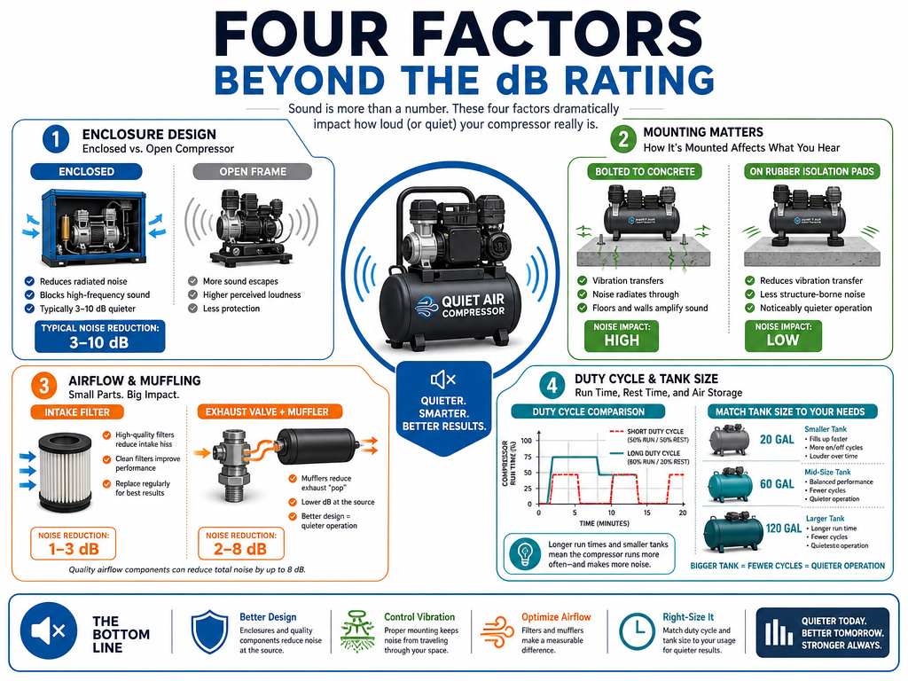Infographic showing four key factors that affect air compressor noise levels.