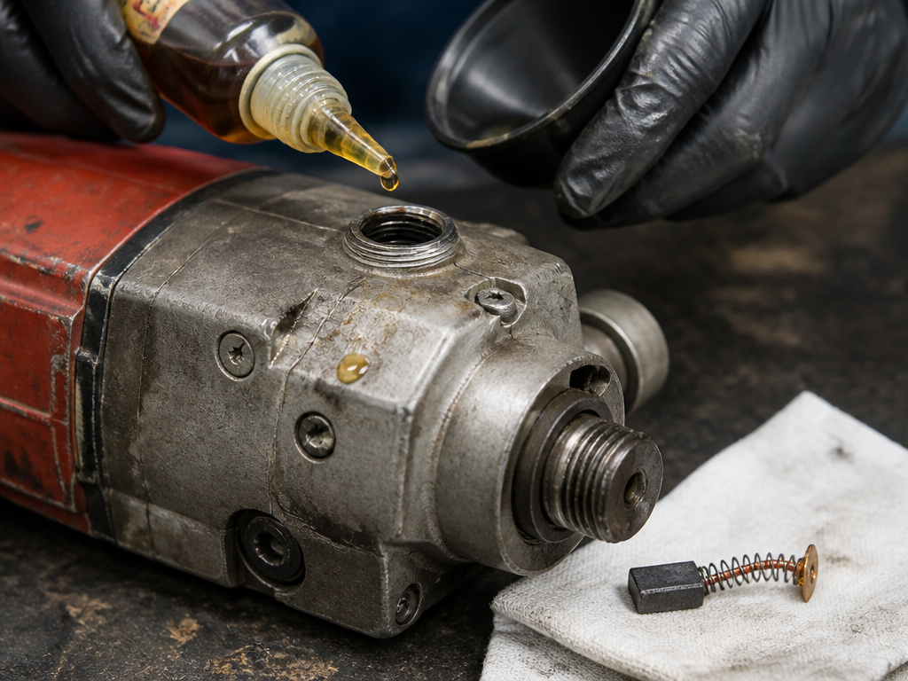 Core drill maintenance showing gear oil change and carbon brush inspection.