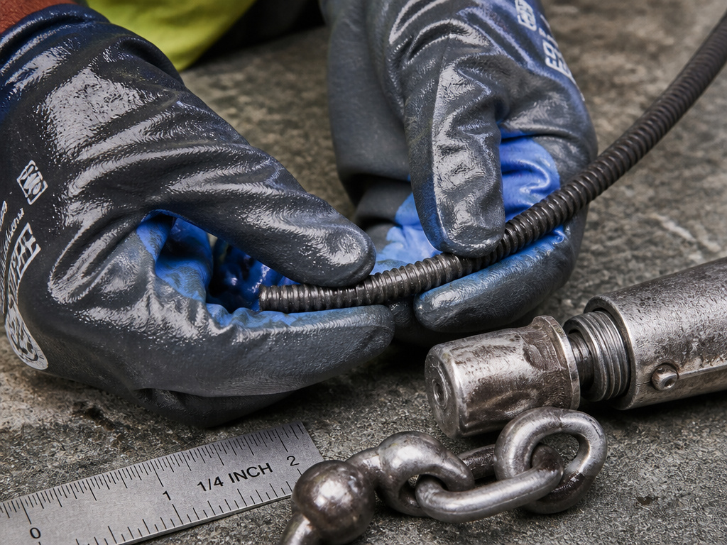 Close-up of gloved hands inspecting a gutter drill cable for safety.