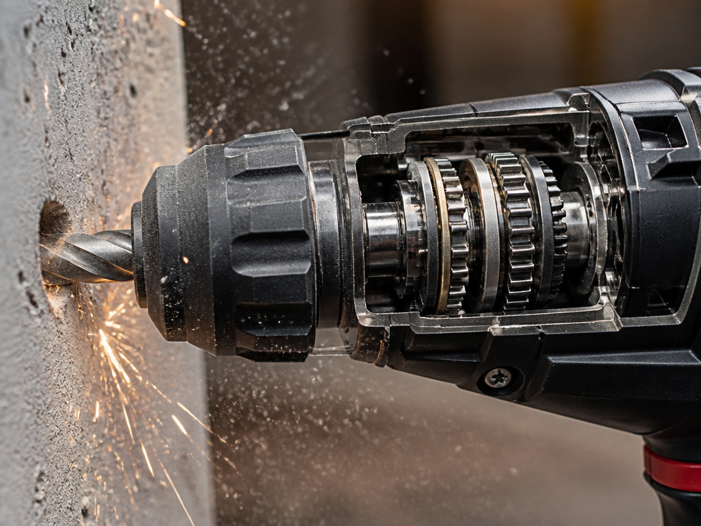 Close-up of a hammer drill's internal cam-action mechanism drilling into concrete.