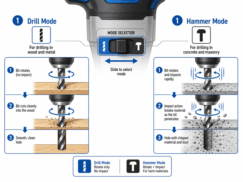 Diagram comparing hammer drill mode versus standard drill mode on different materials.
