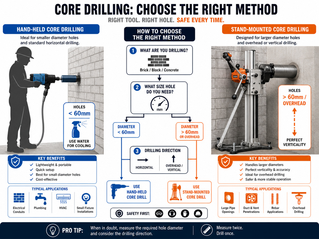 Infographic comparing hand-held versus stand-mounted core drill applications and safety.