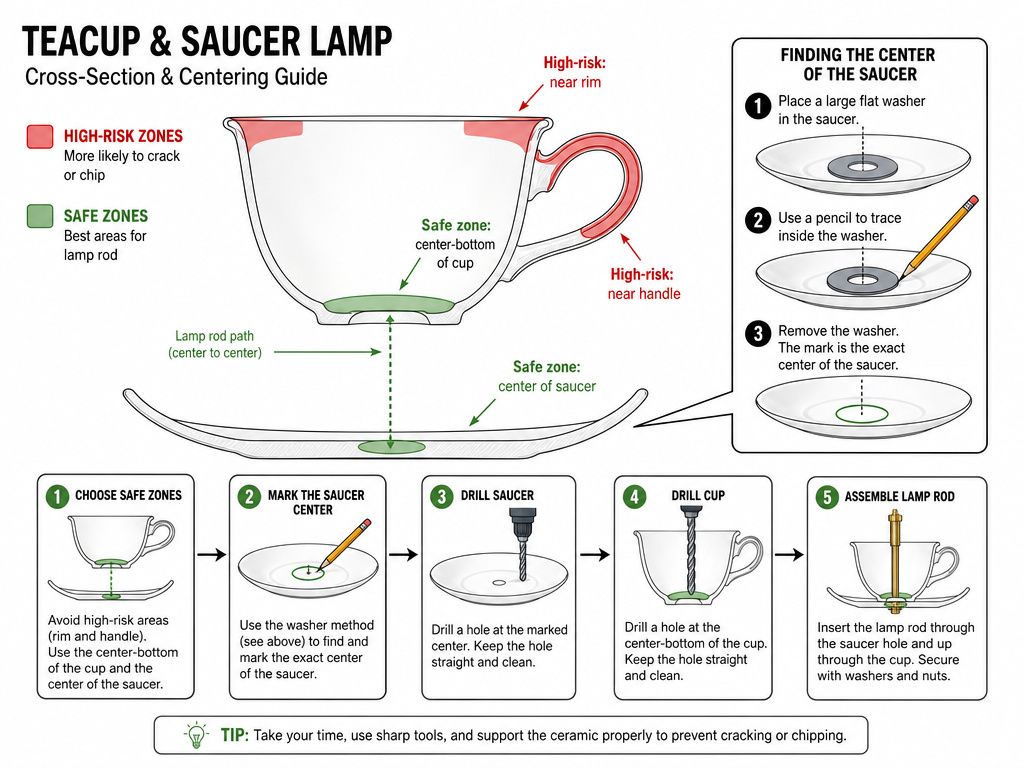 Diagram showing safe and risky areas for drilling holes in teacups.