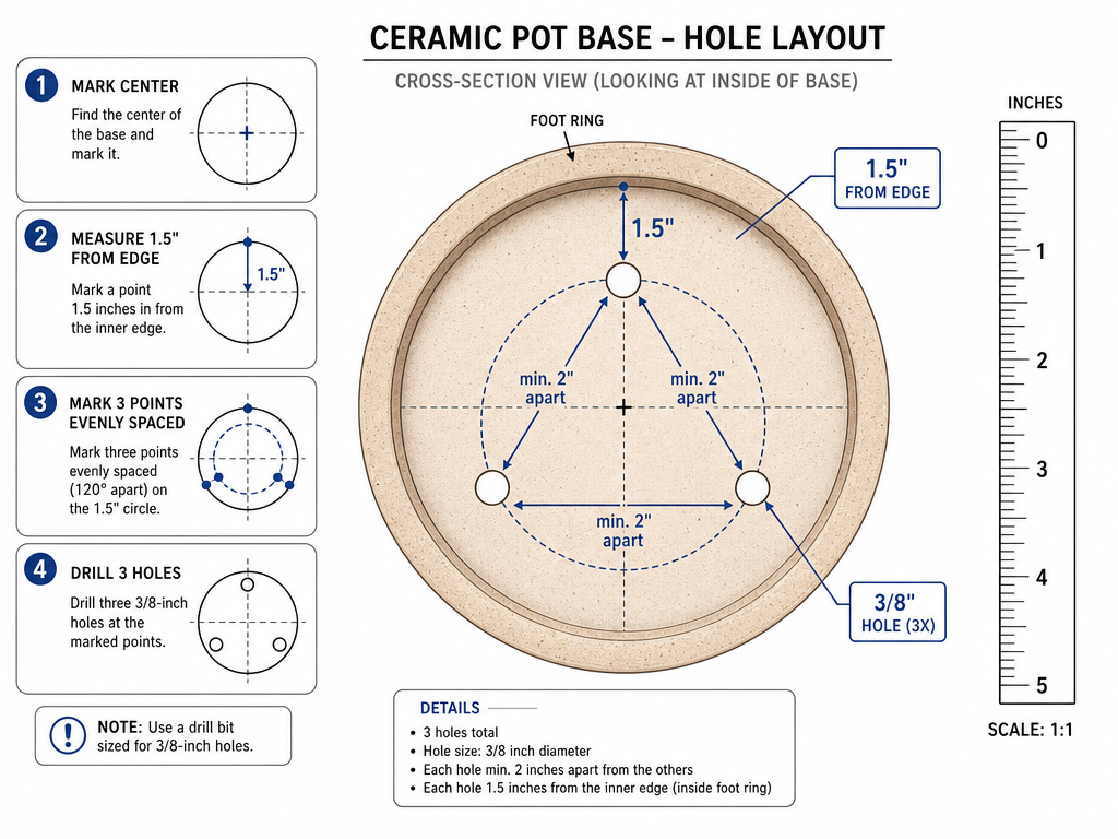 Diagram showing correct spacing and size for drainage holes in a ceramic pot.