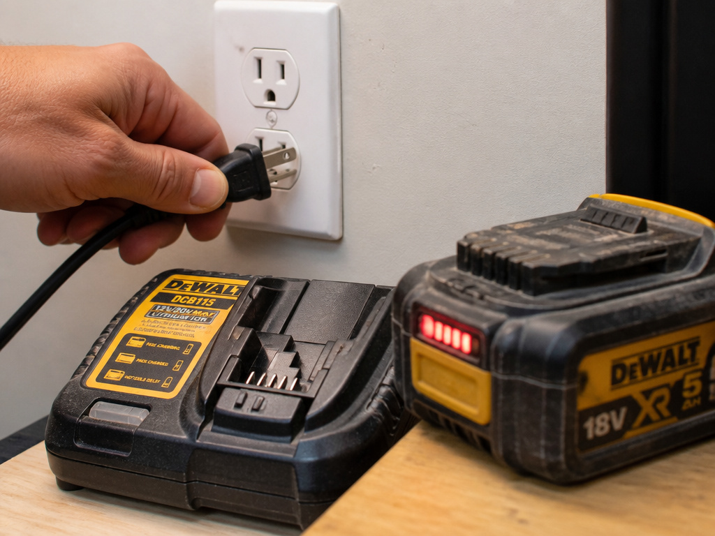 Charging a drill battery with its original brand charger after jumping a car.