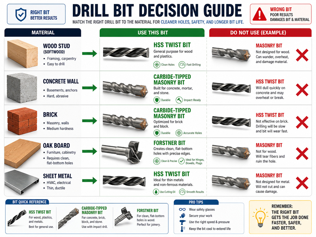 Drill bit selection table for masonry and wood materials