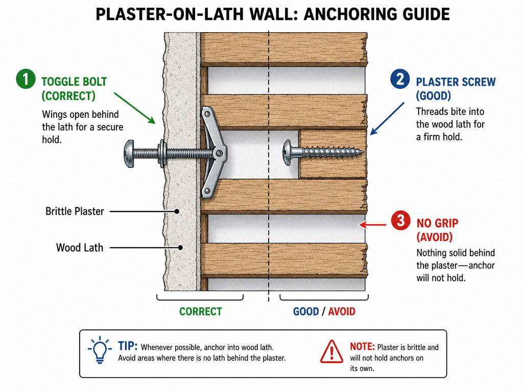Diagram comparing toggle bolt and plaster screw anchors in a lath wall.