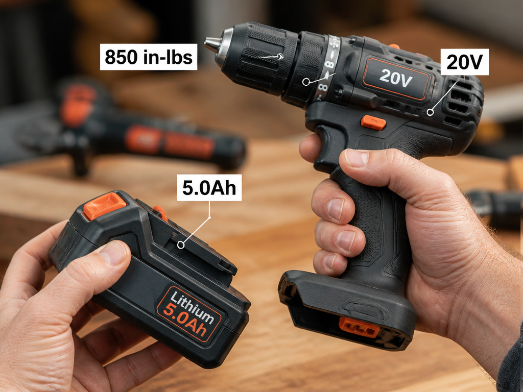 Close-up of a cordless drill and battery highlighting key specifications: voltage, amp-hours, and torque.
