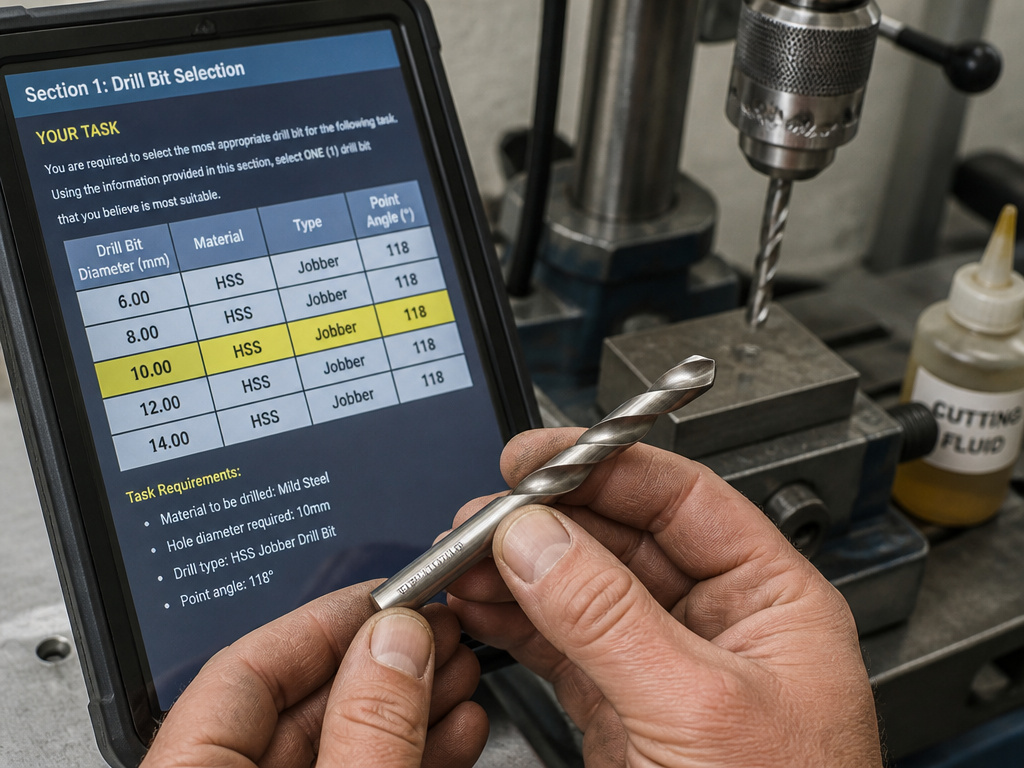 Choosing the right jobber drill bit using a material and task specification chart.