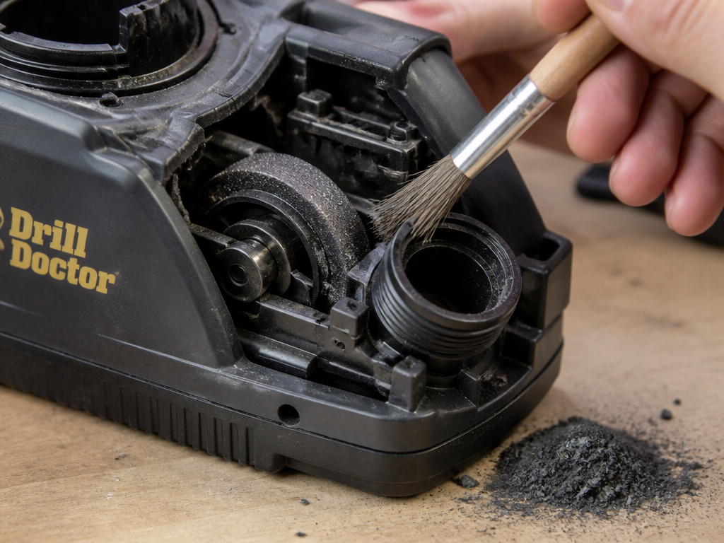 Cleaning metal dust from a drill bit sharpener's grinding wheel port.