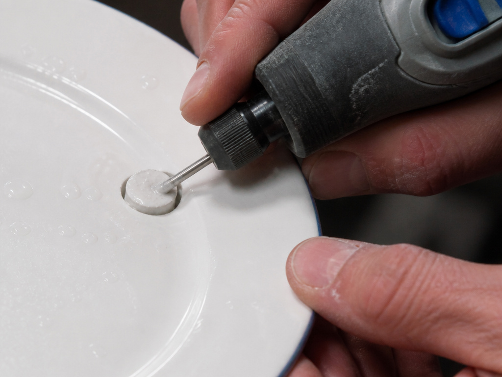 Using a diamond core drill to cut a circle from a china plate rim.