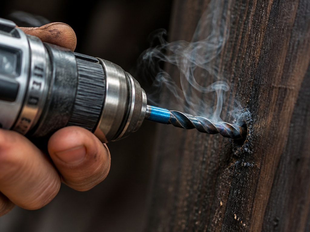 Close-up of an overheated, smoking drill bit stuck in wood.