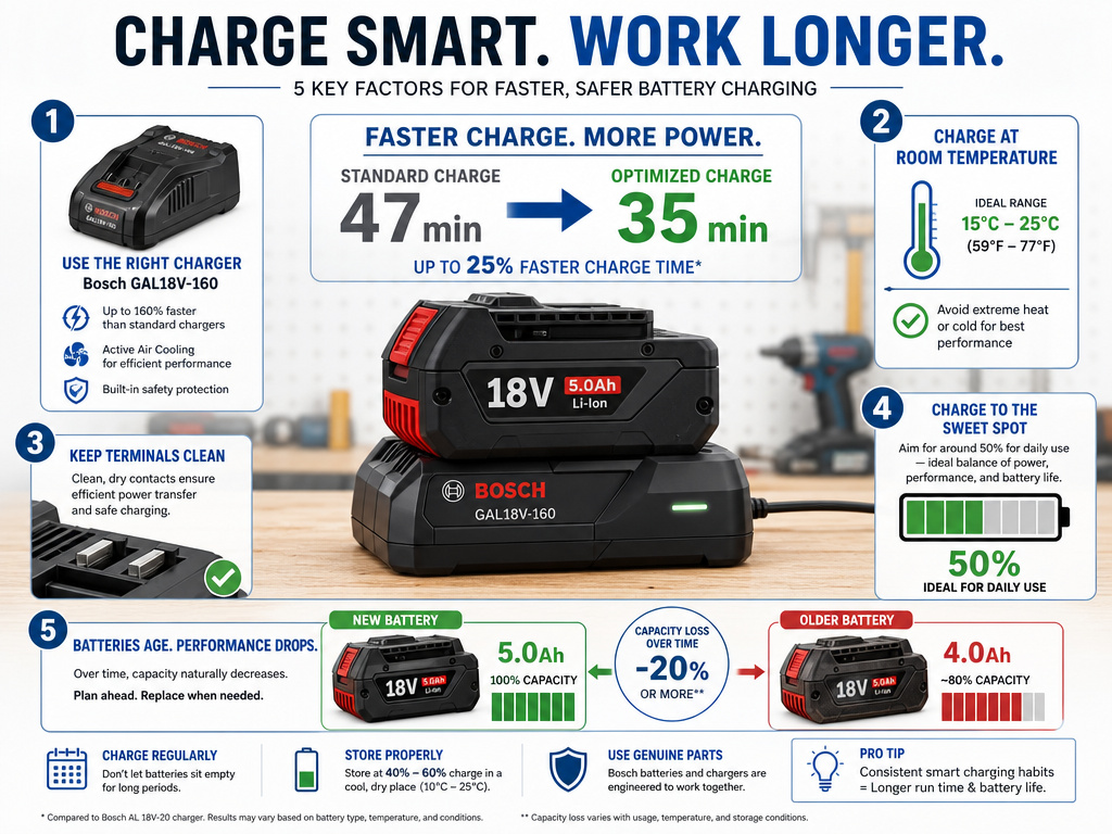 Infographic with five tips to charge a drill battery faster.