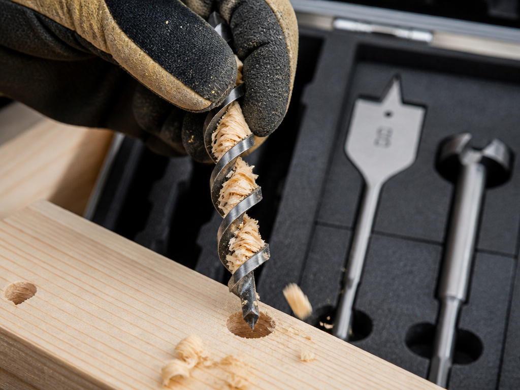 Removing packed wood chips from an auger drill bit to prevent burning.