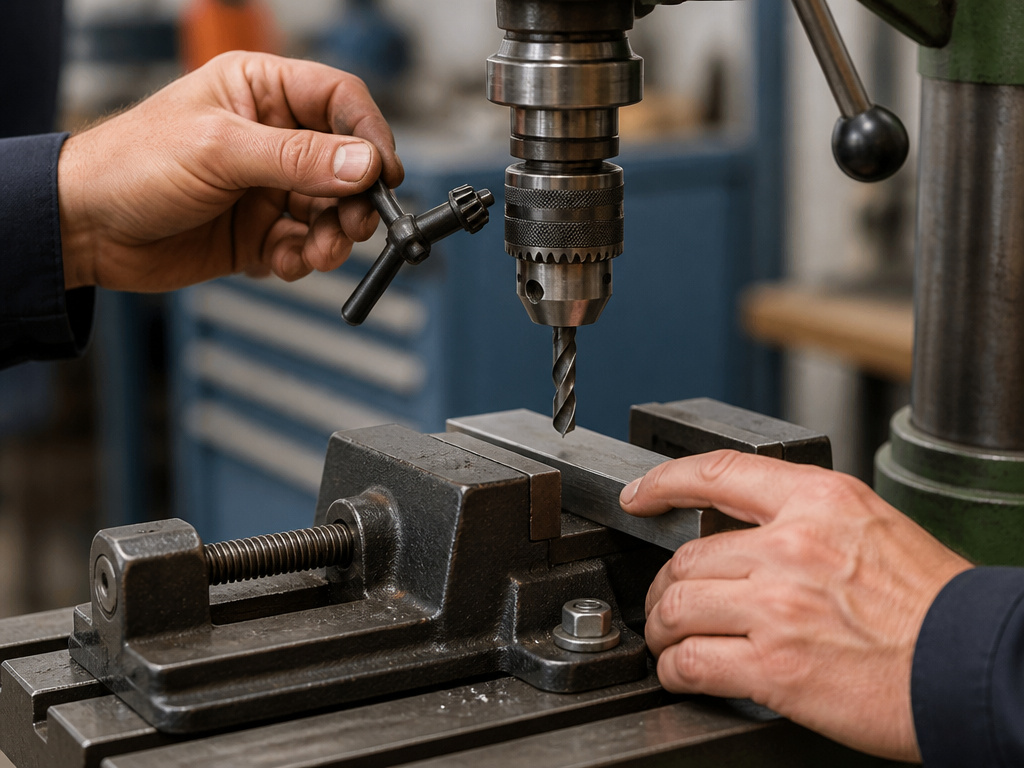 Securing a metal workpiece and removing chuck key on a drill press.