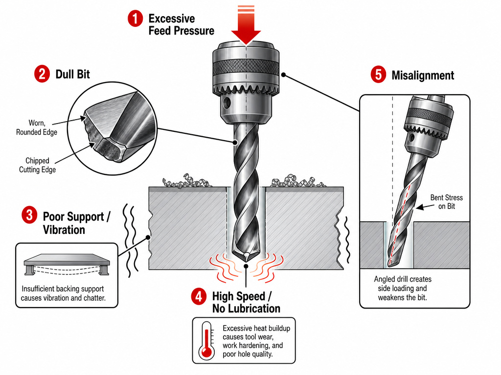 Diagram of five common causes that lead to a broken drill bit in material.