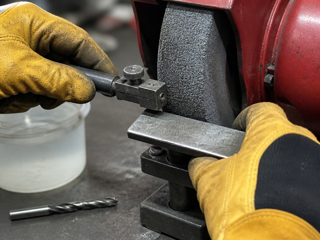 Close-up of dressing a bench grinder wheel to sharpen a drill bit.