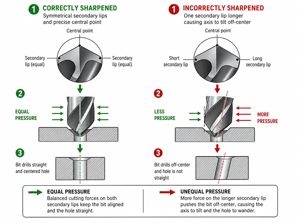 Correct versus incorrect split point geometry diagram for sharpening.