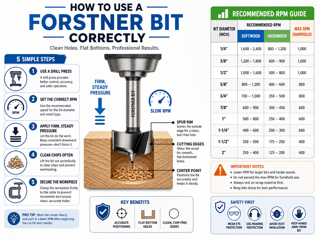 Forstner bit speed, pressure, and technique infographic for correct use.