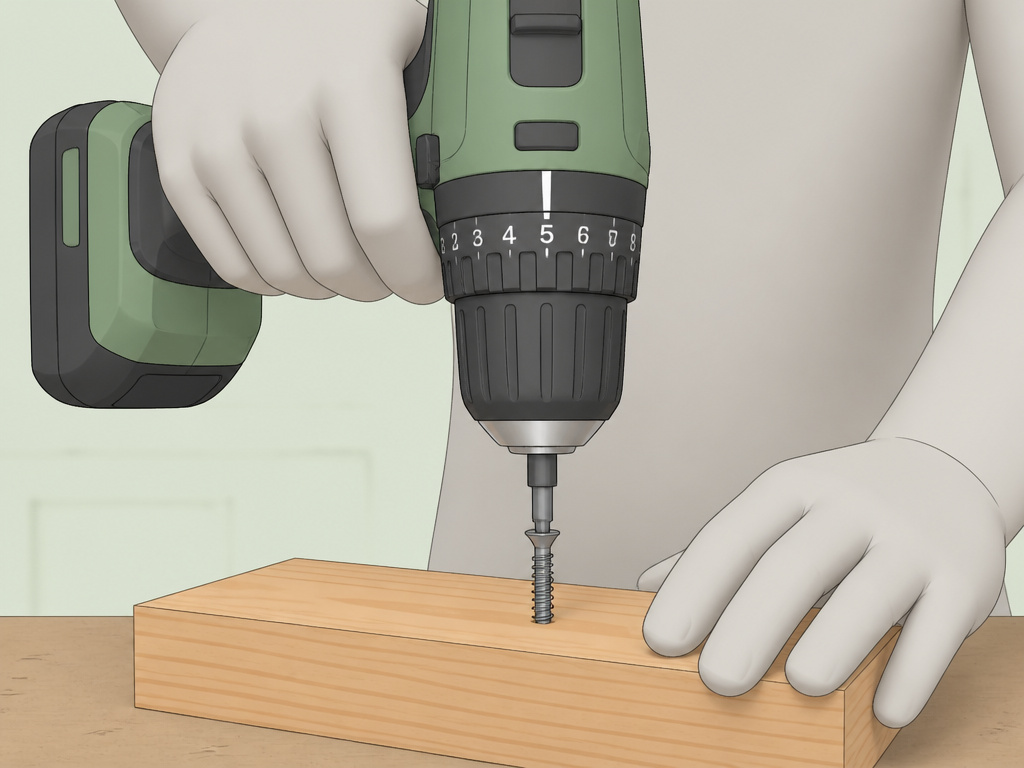Close-up of a drill clutch set to 5 for driving a test screw into wood.