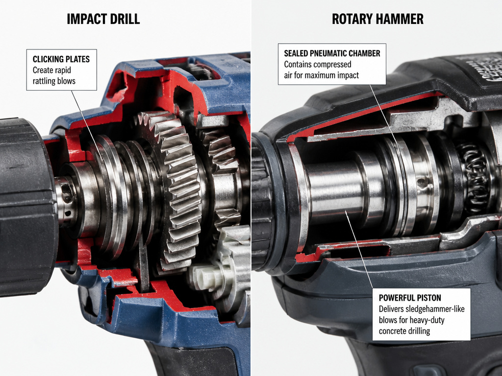 Internal mechanism comparison of an impact drill versus a rotary hammer.