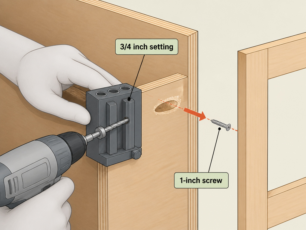 Pocket hole jig setup diagram for cabinet box construction using plywood.