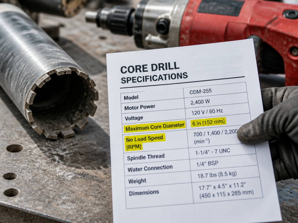 Coring drill specification sheet details for maximum diameter and RPM.