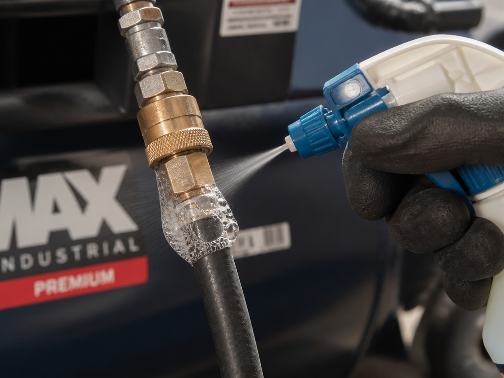 Technician using soapy water spray to detect air leaks on compressor hose fitting