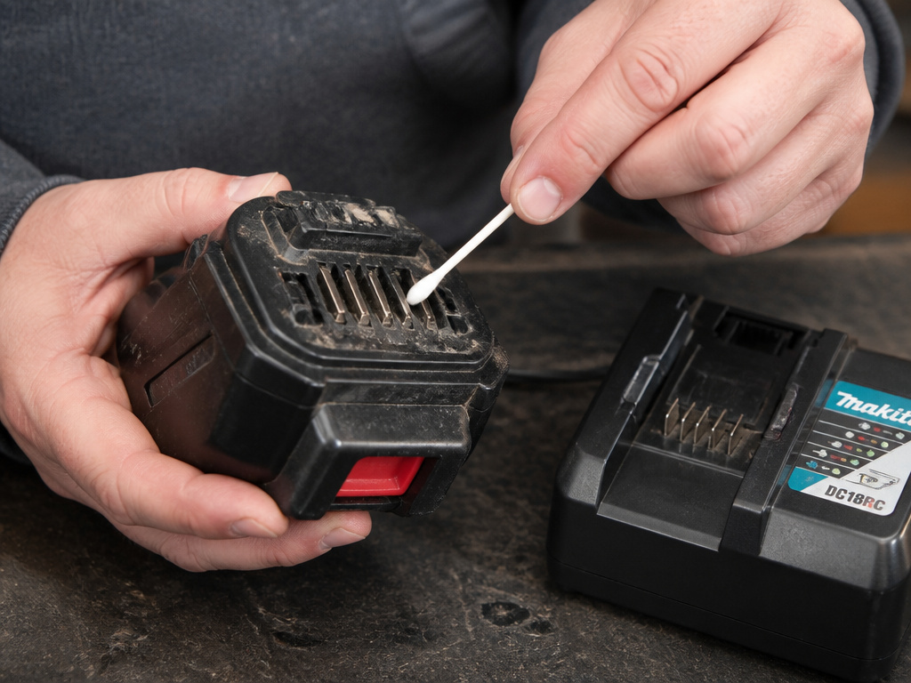 Cleaning drill battery terminals with alcohol before using a different charger