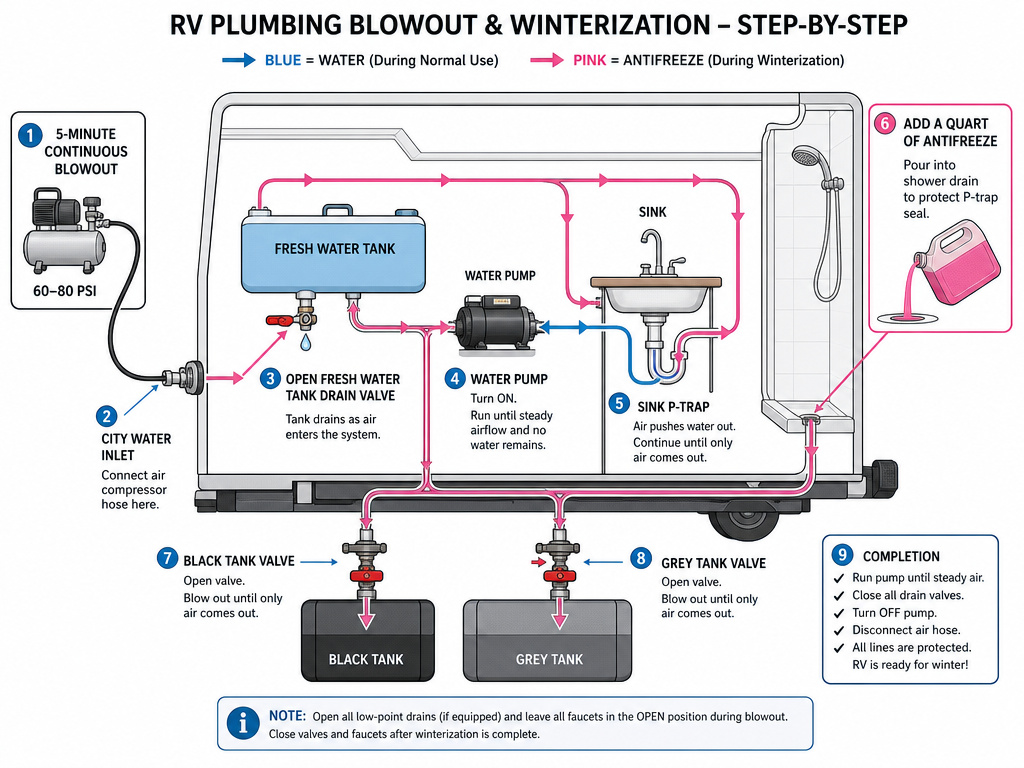 RV winterizing diagram showing air compressor blowout and antifreeze application points