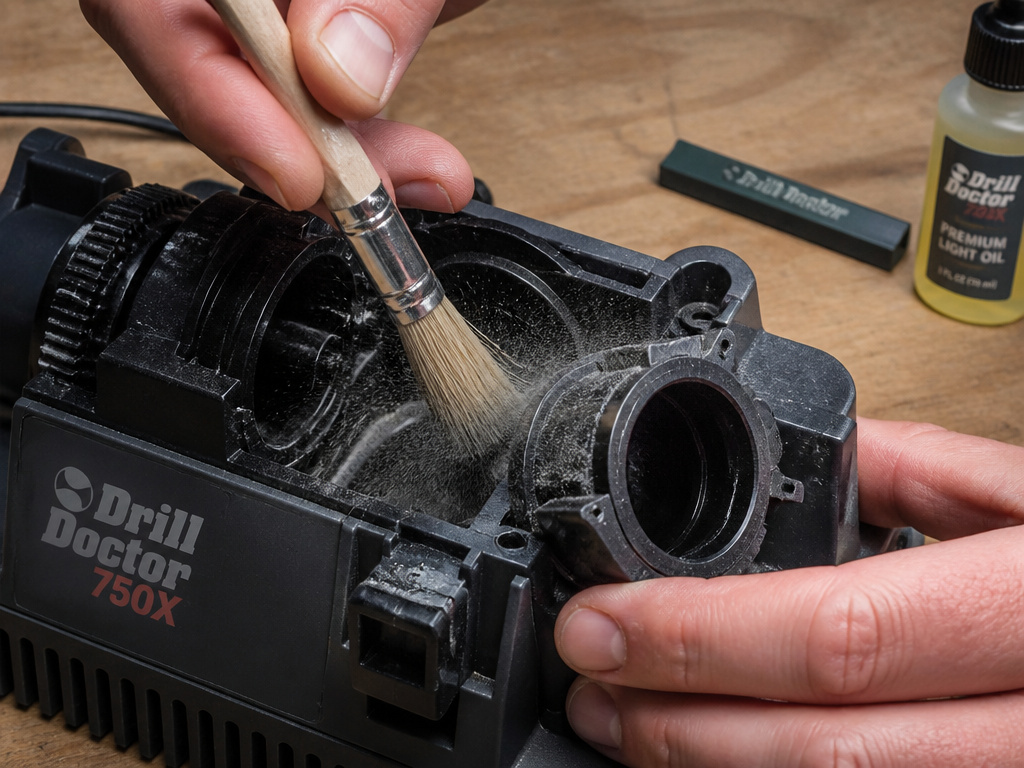 Cleaning metal dust from Drill Doctor 750X vents with a dry paintbrush.