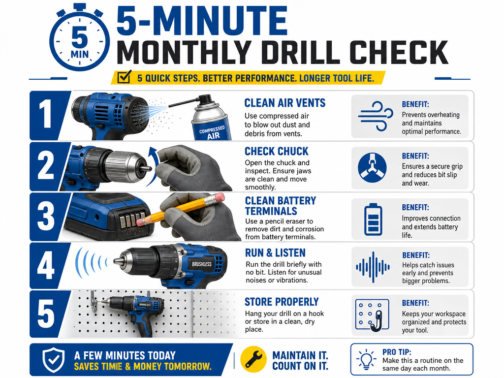 Monthly hand drill maintenance checklist infographic with five essential steps.