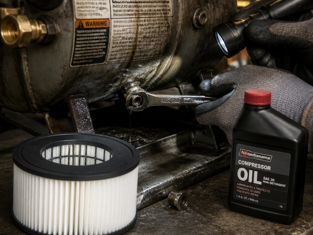Hands performing critical air compressor maintenance, draining oil and replacing filter.