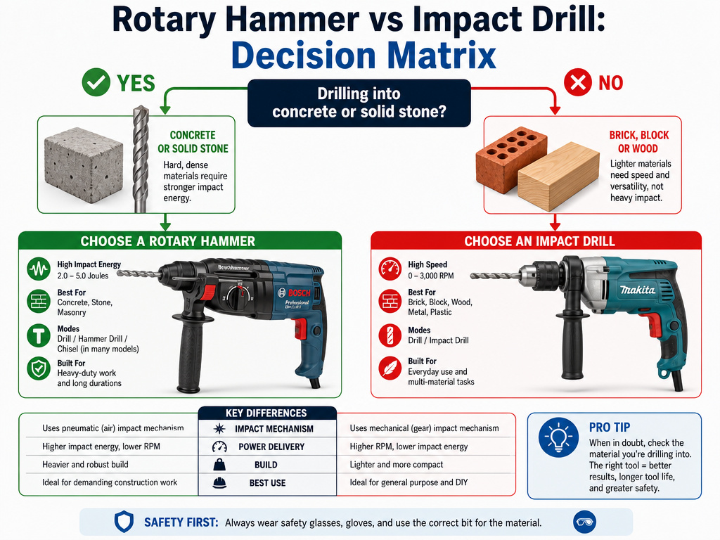 Decision flowchart for choosing between a rotary hammer and an impact drill.