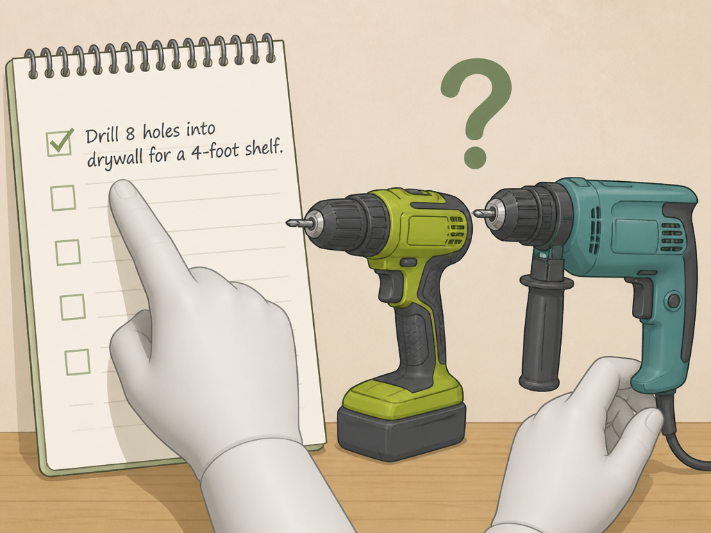Cartoon checklist comparing cordless and corded drills for a DIY project.