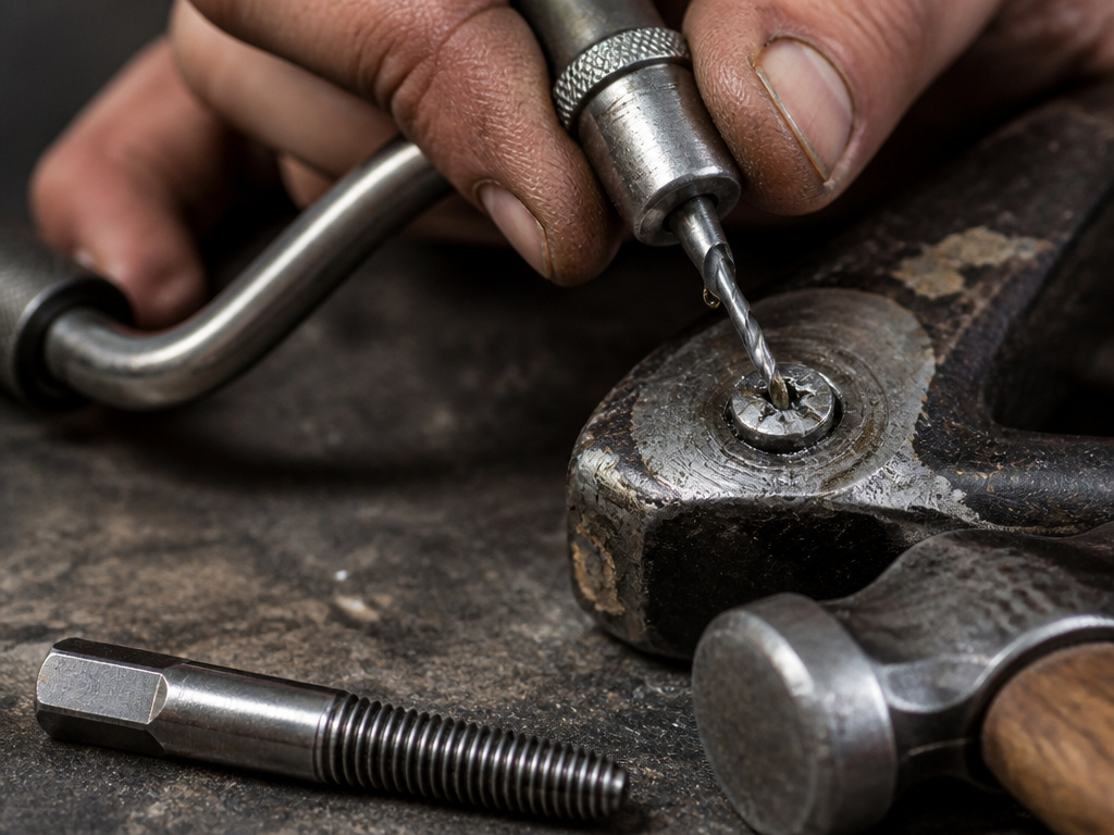 Using a manual hand drill to create a pilot hole for a screw extractor.