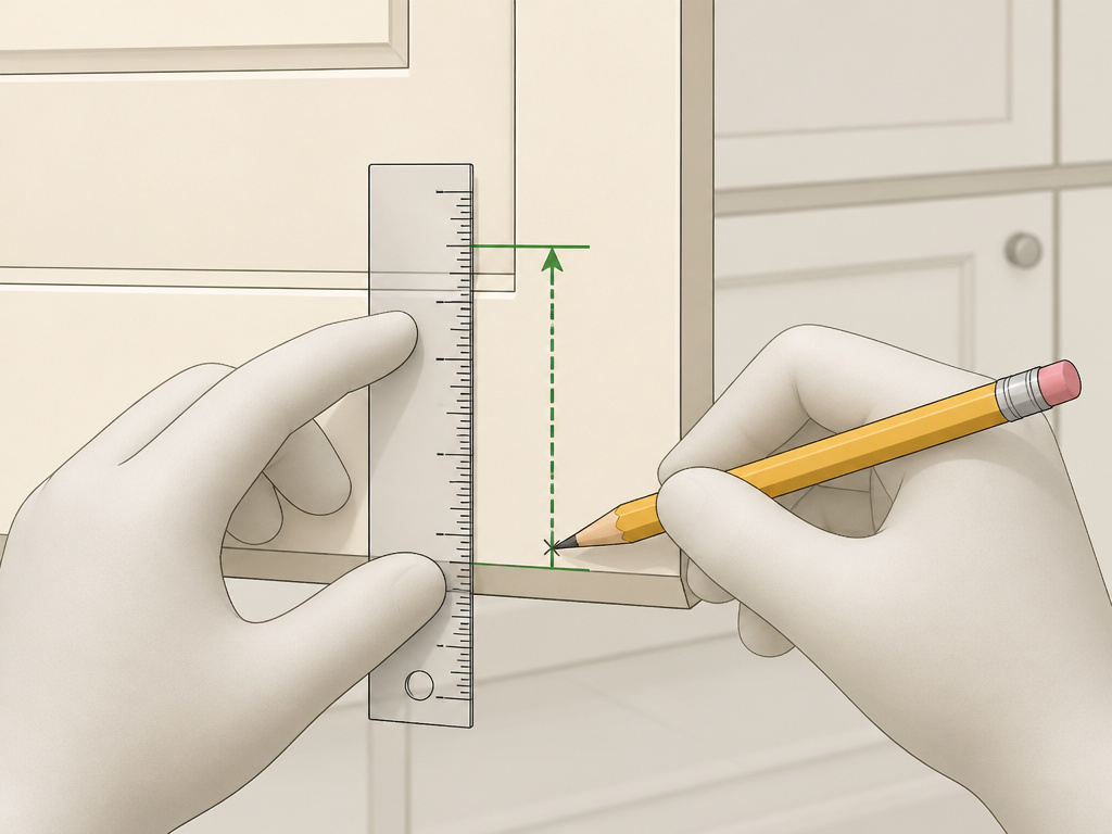 Diagram showing how to measure and mark drill holes for a cabinet knob.
