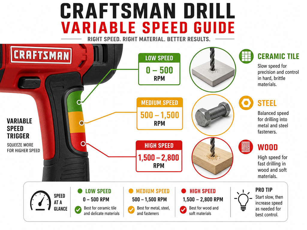 Craftsman drill variable speed settings infographic for wood, metal, and masonry.