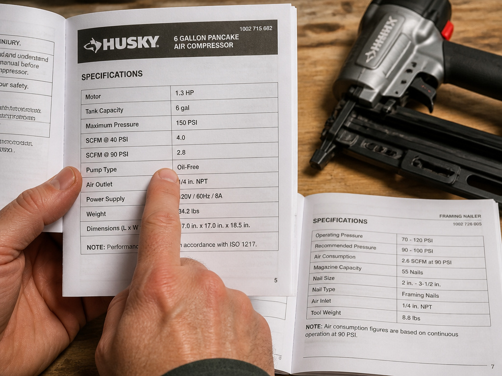 Comparing CFM specs between a Husky air compressor manual and a pneumatic nailer manual.