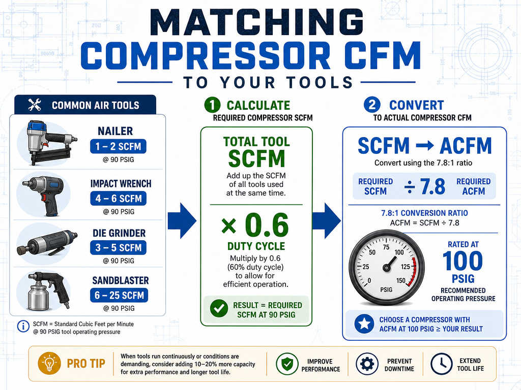 Infographic showing how to calculate air compressor CFM for specific power tools.