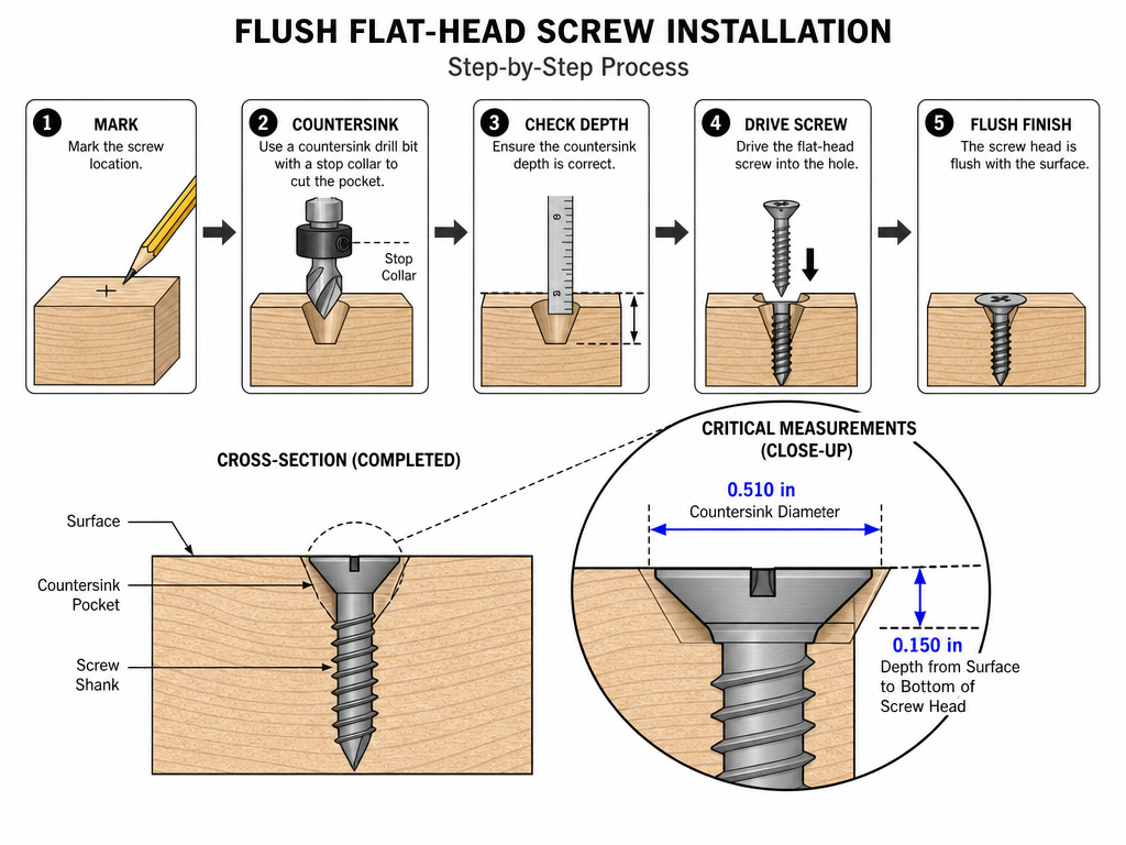 Diagram showing countersink diameter and depth for a flush screw installation.