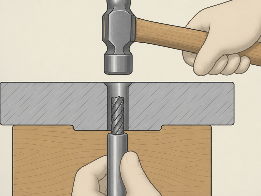 Using a punch to drive a broken drill bit out of a through-hole.