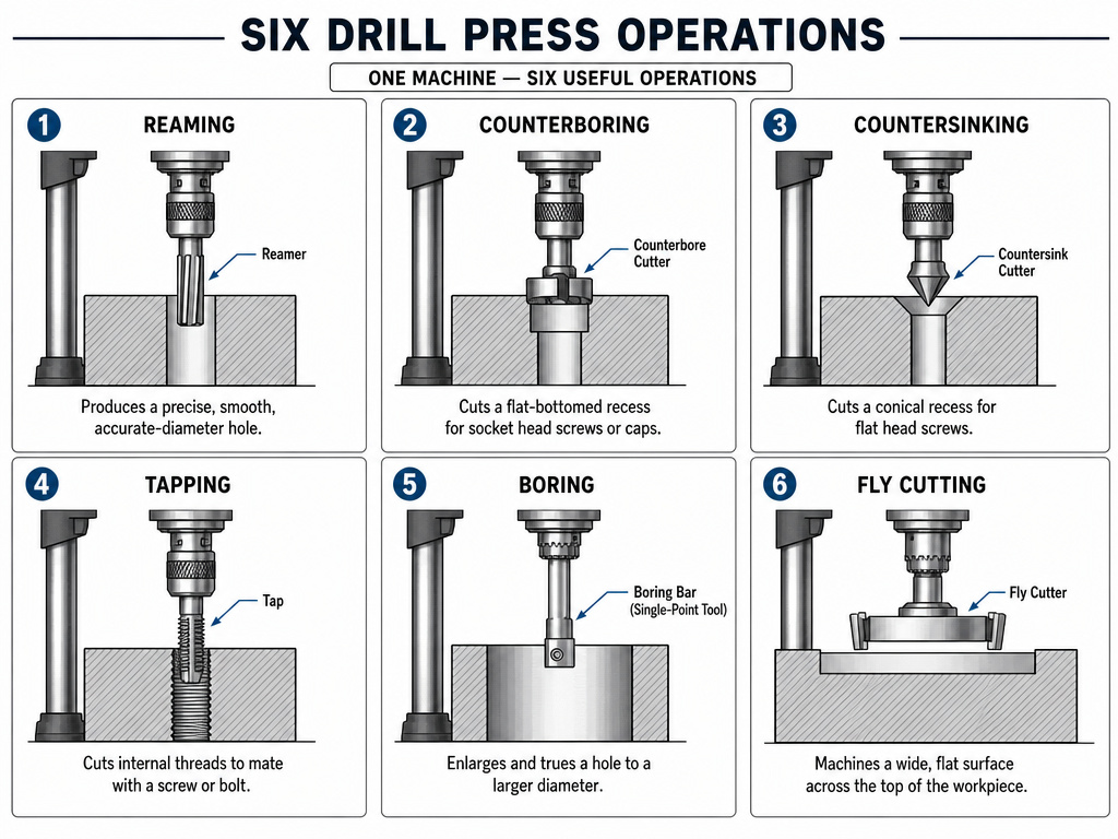 Diagram of reaming, counterboring, tapping, and other drill press operations.