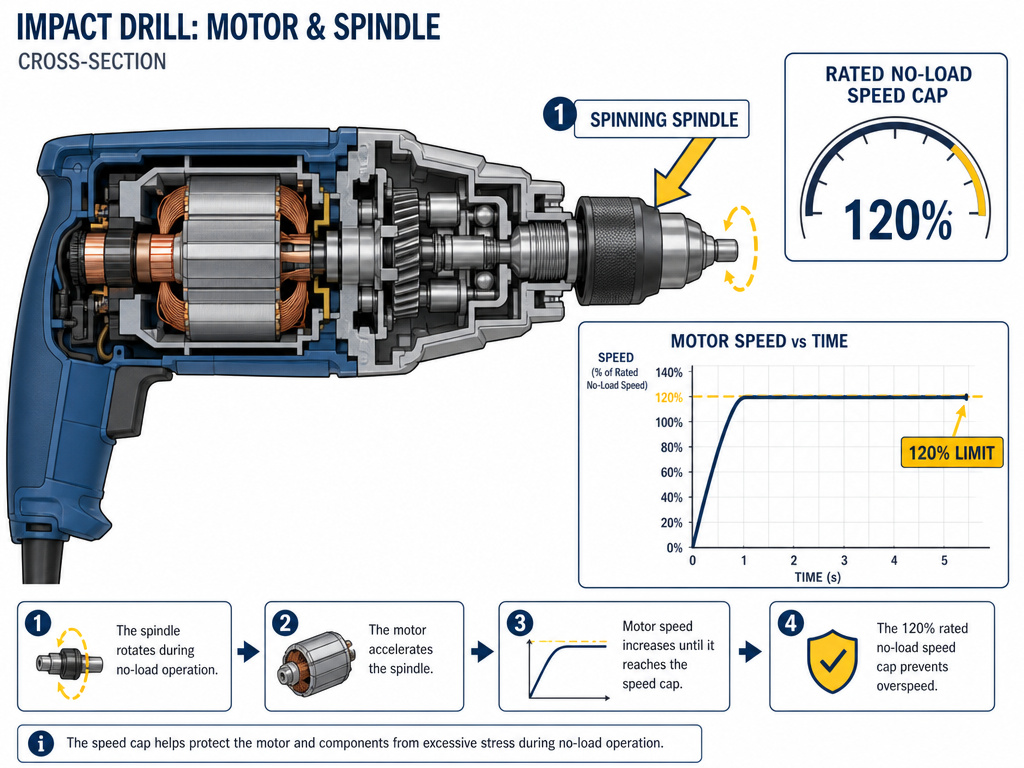 Technical diagram explaining the 2025 no-load speed cap rule for impact drills.
