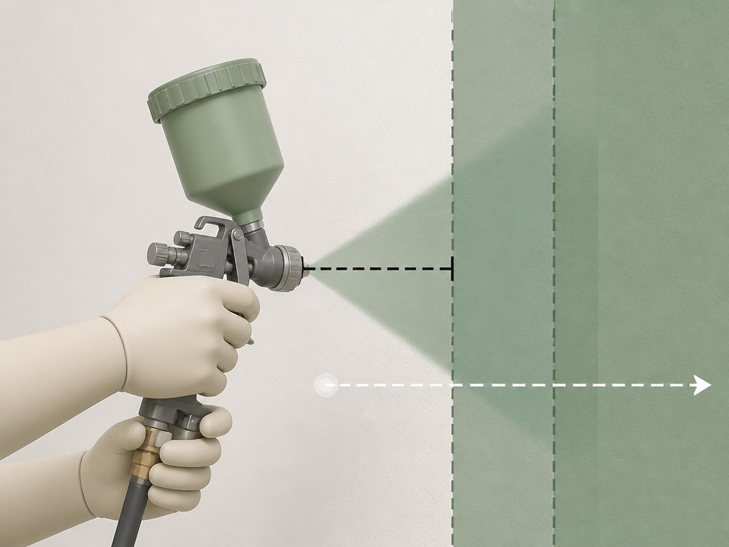 Proper spray gun technique showing distance, stroke, and overlap for painting.
