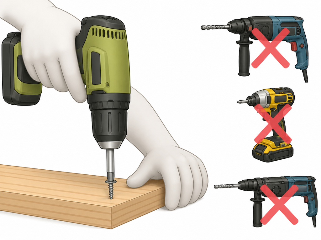 Portable drill driving a screw compared to other power tools.