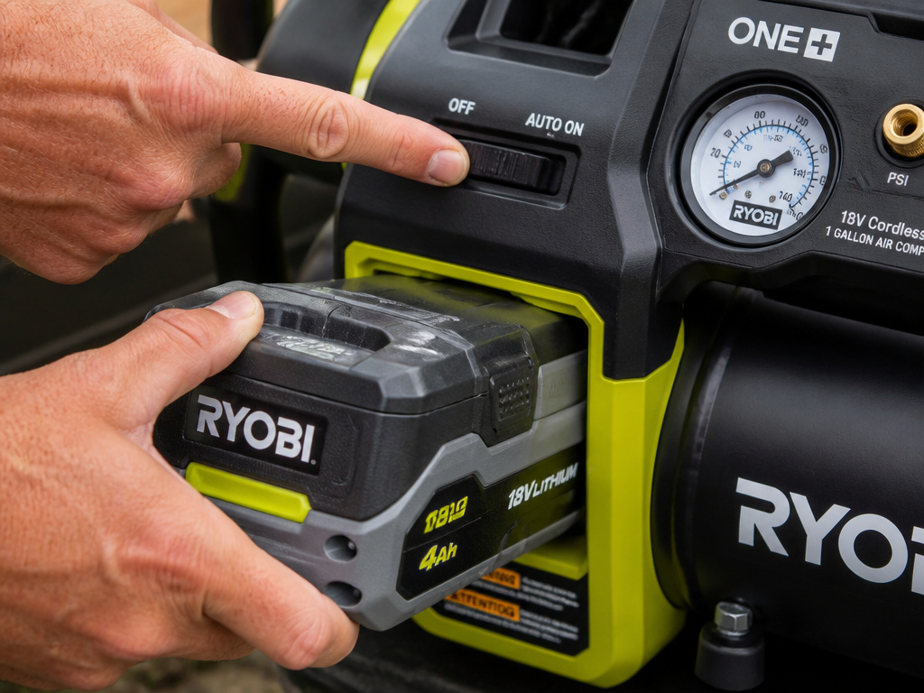 Hand inserting battery and turning on switch of portable air compressor.